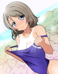 Rule 34 | 10s, 1girl, absurdres, ankoiri, blue eyes, blue one-piece swimsuit, blush, breasts, cleavage, competition swimsuit, grey hair, highres, looking at viewer, love live!, love live! sunshine!!, one-piece swimsuit, one-piece tan, short hair, smile, solo, swimsuit, tan, tanline, watanabe you