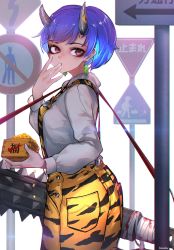 Rule 34 | 1girl, animal print, arrow (symbol), artist name, bad id, bad twitter id, bandages, blood, blouse, blue hair, club, club (weapon), commentary request, contemporary, earrings, from side, grey shirt, highres, holding, horns, jewelry, kanabou, kashu (hizake), leaf earrings, licking, licking finger, long sleeves, looking at viewer, looking to the side, mole, mole under eye, nail polish, ofuda, oni, oni horns, original, pocket, print shorts, red eyes, road sign, setsubun, shirt, short hair, shorts, sign, solo, soybean, standing, suspender shorts, suspenders, tiger print, weapon, white background, white nails, wooden box, yellow shorts