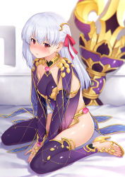 Rule 34 | 1girl, anklet, armlet, armor, bikini armor, blush, bracelet, breasts, circlet, closed mouth, collarbone, dress, earrings, fate/grand order, fate (series), hair ribbon, high heels, highres, jewelry, kama (fate), kama (second ascension) (fate), kazuma muramasa, legs, long hair, looking at viewer, medium breasts, on bed, pelvic curtain, pink ribbon, purple dress, purple sleeves, purple thighhighs, ribbon, ring, silver hair, sitting, sweatdrop, thighhighs, thighlet, vajra (object), wariza