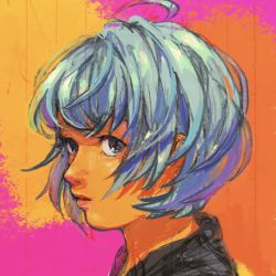 Rule 34 | ahoge, androgynous, blue hair, from side, gender request, highres, kaorkto, multicolored background, open mouth, original, portrait, short hair, sketch, solo