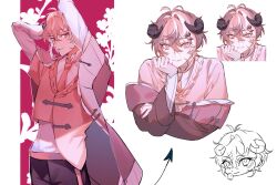 Rule 34 | 1boy, arms behind head, chibi, commentary, demon horns, demon tail, english commentary, farren, floral background, hair between eyes, hair ornament, hairclip, highres, horns, jacket, long sleeves, looking at viewer, male focus, multiple views, necktie, off shoulder, original, pink hair, pink jacket, pink necktie, shirt, short hair, tail, white background, white shirt