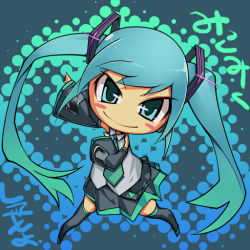 Rule 34 | &gt;:), 1girl, aqua eyes, aqua hair, bad id, bad pixiv id, blush stickers, chibi, detached sleeves, gradient hair, hatsune miku, jpeg artifacts, long hair, looking at viewer, maitake (loose), multicolored hair, outstretched arm, solo, thighhighs, twintails, v-shaped eyebrows, vocaloid, zettai ryouiki