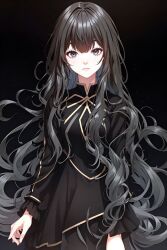 Rule 34 | 1girl, ahoge, black background, black dress, black eyes, black hair, blue ribbon, closed mouth, collar, collared dress, dress, kathlyn glayder, long hair, looking at viewer, ribbon, serious, the beginning after the end, very long hair