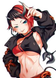 Rule 34 | 1girl, black hair, black jacket, black nails, black pants, black sports bra, blue eyes, blush, breasts, chain, closed mouth, commentary request, cropped jacket, demon girl, demon horns, demon tail, dutch angle, ear chain, ear piercing, highres, horns, jacket, looking at viewer, medium hair, midriff, multicolored hair, nail polish, nanashi inc., nantyu-a, navel, open clothes, open jacket, pants, piercing, pointy ears, red hair, red pants, red sports bra, ryugasaki rene, ryugasaki rene (1st costume), short hair, simple background, smile, solo, sports bra, sugar lyric, tail, tongue, tongue out, two-tone hair, two-tone pants, two-tone sports bra, underboob, upper body, virtual youtuber, white background, zipper