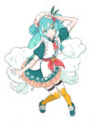 Rule 34 | 1girl, agonasubi, aqua eyes, aqua footwear, aqua hair, aqua skirt, aqua sleeves, bow, buttons, commentary, double bun, fish (food), food-themed hair ornament, frilled shirt, frills, full body, green ribbon, hair bun, hair ornament, hairclip, hand up, hatsune miku, highres, ikura (food), layered skirt, leaning forward, leg up, light blush, long hair, looking at viewer, necktie, orange thighhighs, outstretched arm, pink bow, pink necktie, pink ribbon, puffy short sleeves, puffy sleeves, ribbon, scallop, shirt, short necktie, short sleeves, skirt, smile, snowflake print, solo, standing, striped necktie, thighhighs, twintails, very long hair, vocaloid, wavy hair, white background, white hair, white headwear, white ribbon, yuki miku, yuki miku (2024) (candidate no.6)