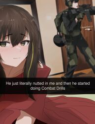 Rule 34 | 1boy, 1girl, backpack, bag, black hair, black shirt, blanket, body armor, brown hair, caption, commander (girls&#039; frontline), commentary, dgkamikaze, english commentary, english text, girls&#039; frontline, green eyes, green hair, gun, headset, highres, holding, holding gun, holding weapon, indoors, looking at viewer, m4a1 (girls&#039; frontline), multicolored hair, open mouth, optical sight, shirt, smile, smug, standing, streaked hair, tactical clothes, twitter username, two-tone hair, weapon