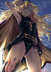Rule 34 | 1girl, armpits, black leotard, blonde hair, breasts, cape, closed mouth, ereshkigal (fate), fate/grand order, fate (series), from below, hair between eyes, hair intakes, hair ornament, hand in own hair, highres, leotard, long hair, looking at viewer, looking down, orange eyes, single thighhigh, small breasts, smile, solo, standing, thighhighs, uenoryoma, very long hair, yellow cape