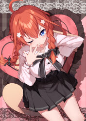 Rule 34 | 1girl, ;p, bison cangshu, black bow, black skirt, blue eyes, bow, braid, breasts, closed mouth, frilled pillow, frills, go-toubun no hanayome, hair between eyes, hair ornament, hair over shoulder, hand up, heart, heart-shaped pillow, highres, long hair, long sleeves, looking at viewer, low twintails, medium breasts, nakano itsuki, one eye closed, pillow, plaid, plaid background, pleated skirt, puffy long sleeves, puffy sleeves, red hair, ribbon-trimmed sleeves, ribbon trim, shirt, skirt, smile, solo, star (symbol), star hair ornament, striped, striped background, tongue, tongue out, twin braids, twintails, v-shaped eyebrows, vertical stripes, white shirt