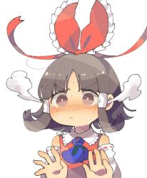 Rule 34 | 1girl, ascot, bad id, bad twitter id, black hair, blush, bow, brown eyes, detached sleeves, hair bow, hair tubes, hakurei reimu, looking at viewer, red bow, ribbon-trimmed sleeves, ribbon trim, sasa kichi, simple background, solo, touhou, upper body, vest, white background