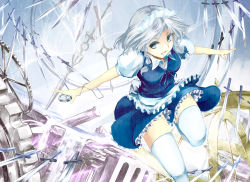 Rule 34 | 1girl, apron, bow, braid, clock, dagger, dress, frills, grey eyes, hair bow, hair ornament, izayoi sakuya, knife, kz nagomiya, looking at viewer, maid headdress, open mouth, outstretched arms, puffy sleeves, ribbon, short hair, short sleeves, silver hair, smile, solo, thighhighs, touhou, twin braids, upskirt, watch, weapon, zettai ryouiki