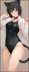 Rule 34 | 1girl, amagami, animal collar, animal ear fluff, animal ears, bed sheet, black hair, black one-piece swimsuit, blush, breasts, brown eyes, cat ears, cat tail, collar, commentary, competition swimsuit, fake animal ears, highres, kemonomimi mode, leash, looking at viewer, lying, medium breasts, mobu, nanasaki ai, on back, one-piece swimsuit, open clothes, open shirt, red collar, shirt, short hair, solo, swimsuit, tail, thighs, white shirt