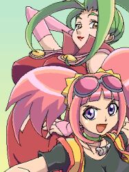 Rule 34 | cape, dinosaur king, glasses, glasses on head, green hair, jacket, lipstick, long hair, lowres, makeup, pink hair, pixel art, purple eyes, red lips, shorts, skin tight, tatsuno malm, twintails, usarapa, yellow eyes
