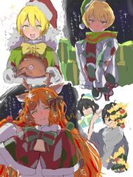 Rule 34 | 2girls, 3boys, animal ears, antlers, black hair, blonde hair, blush, bongy (project moon), bow, bowtie, closed mouth, deer ears, don quixote (project moon), e.g.o (project moon), green bow, green bowtie, green headwear, green necktie, hair bow, hat, heart skzo, hong lu (project moon), horns, ishmael (project moon), limbus company, long hair, looking at viewer, multicolored hair, multiple boys, multiple girls, necktie, open mouth, orange hair, project moon, red headwear, reindeer antlers, santa hat, short hair, sinclair (project moon), smile, streaked hair, sweater, translation request, very long hair, white sweater, yellow bow, yellow bowtie, yellow eyes, yi sang (project moon)