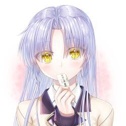 Rule 34 | 1girl, absurdres, angel beats!, blush, commentary request, covering own mouth, eyelashes, eyes visible through hair, hair between eyes, hand up, highres, holding ticket, jacket, long hair, long sleeves, looking at viewer, parted bangs, school uniform, simple background, solo, straight hair, tenshi (angel beats!), translation request, white background, white hair, yellow eyes, yellow jacket, zuzuhashi