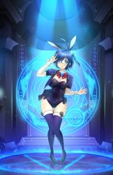 Rule 34 | 1girl, :o, absurdres, ahoge, alternate costume, animal ears, black footwear, blue theme, blush, bow, bowtie, breasts, chuunibyou demo koi ga shitai!, commentary, contrapposto, cropped jacket, english commentary, eyepatch, fake animal ears, full body, glowing, hand up, high heels, highres, indoors, itacho (itasha draws), jacket, leaning forward, leotard, light, looking at viewer, medical eyepatch, mixed-language commentary, one side up, open mouth, pentagram, pink jacket, playboy bunny, rabbit ears, red bow, red bowtie, shiny clothes, shoes, short hair, short sleeves, skindentation, small breasts, solo, standing, star (symbol), takanashi rikka, thighhighs, w, wrist cuffs