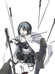 10s 1girl bad_id bad_pixiv_id blood blue_hair cape ciel_arc closed_eyes cuts female_focus from_above injury kneeling magical_girl mahou_shoujo_madoka_magica mahou_shoujo_madoka_magica_(anime) miki_sayaka miki_sayaka_(magical_girl) short_hair smile solo sword thighhighs weapon white_background