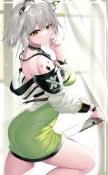 Rule 34 | 1girl, absurdres, animal ear fluff, animal ears, arknights, ass, bare shoulders, breasts, cat ears, clipboard, commentary, dress, green dress, green eyes, hand up, highres, indoors, izulizuru, kal&#039;tsit (arknights), large breasts, long sleeves, looking at viewer, material growth, off shoulder, oripathy lesion (arknights), pencil dress, short dress, short hair, silver hair, solo, stethoscope, thighs