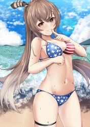 Rule 34 | 1girl, absurdres, american flag bikini, american flag print, beach, bikini, blush, breasts, brown hair, cleavage, day, feather hair ornament, feathers, finger to mouth, flag print, grin, hair ornament, hairclip, highres, hololive, hololive english, legband, looking at viewer, medium breasts, multicolored hair, nanashi mumei, navel, ocean, outdoors, print bikini, smile, solid eyes, solo, standing, streaked hair, summer, swimsuit, virtual youtuber, watchimen