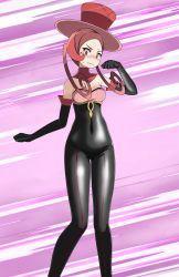 Rule 34 | 1girl, battle chatelaine, black bodysuit, black gloves, blush, bodysuit, breasts, brown eyes, brown hair, cleavage, clenched teeth, collar, covered navel, creatures (company), dana (pokemon), detached collar, elbow gloves, game freak, gloves, highres, looking at viewer, medium breasts, multicolored hair, nintendo, parted bangs, pokemon, pokemon xy, purple background, red collar, red hair, red headwear, scared, solo, standing, strapless, sweatdrop, teeth, tsukishiro saika, two-tone hair, v-shaped eyebrows