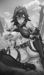 Rule 34 | 1girl, absurdres, bare shoulders, blush, breasts, cloud, ctrlz77, dehya (genshin impact), disembodied penis, elbow gloves, female pubic hair, fingerless gloves, genshin impact, gloves, greyscale, hetero, high heels, highres, large breasts, looking at viewer, medium breasts, monochrome, navel, one breast out, open mouth, panties, penis, penis grab, penis to breast, pubic hair, pubic hair peek, sitting, sky, solo focus, thighhighs, underwear