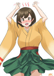 Rule 34 | 1girl, arms up, artist name, blush, brown eyes, brown hair, commentary request, cowboy shot, embarrassed, green hakama, hakama, hakama short skirt, hakama skirt, highres, hiryuu (kancolle), japanese clothes, kantai collection, kimono, looking at viewer, nose blush, open mouth, orange kimono, panties, short hair, simple background, skirt, smile, solo, t2r, teeth, underwear, upper teeth only, white background, white panties