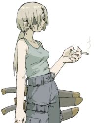 Rule 34 | 1girl, chainsaw man, cigarette, eyepatch, grey hair, grey tank top, highres, holding, holding cigarette, long hair, looking to the side, pantsu-ripper, ponytail, quanxi (chainsaw man), shirt tucked in, simple background, smoke, solo, sword, tank top, weapon, weapon on back, white background