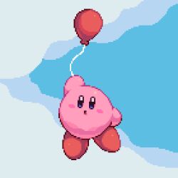 Rule 34 | :o, arm up, balloon, blue background, blue eyes, blue sky, blush, blush stickers, cloud, commentary, day, english commentary, floating, flying, full body, highres, kirby, kirby (series), looking at viewer, nintendo, no humans, open mouth, outdoors, pixel art, pixel pit, sky, solo, two-tone background, white background