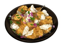 Rule 34 | bowl, fajar kurniawan, food, food focus, no humans, onion, original, simple background, sparkle, spring onion, still life, tofu, toothpick, vegetable, white background