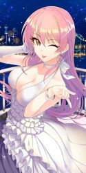 Rule 34 | 1girl, ashita (2010), bare shoulders, blush, bracelet, breasts, cityscape, cleavage, closed mouth, collarbone, dress, earrings, elbow gloves, eyelashes, gloves, hair between eyes, hoop earrings, idolmaster, idolmaster cinderella girls, jewelry, jougasaki mika, large breasts, looking at viewer, night, night sky, one eye closed, open mouth, pink hair, single glove, sky, smile, solo, sparkle, tongue, tongue out, white dress, white gloves, yellow eyes