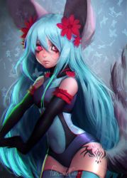 Rule 34 | 1girl, animal ears, bad deviantart id, bad id, blue hair, chromatic aberration, dog ears, elbow gloves, elin, flower, funsized-cake, gloves, hair flower, hair ornament, leotard, long hair, outstretched arms, own hands together, red eyes, solo, tail, tera online, thighhighs, very long hair