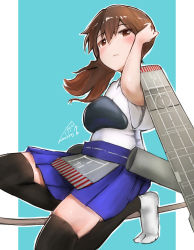 Rule 34 | 1girl, absurdres, bad id, bad pixiv id, black socks, blue hakama, blue scrunchie, blush, bow (weapon), brown eyes, brown hair, closed mouth, commentary, dated, flight deck, hakama, highres, japanese clothes, kaga (kancolle), kantai collection, kimono, long hair, mmk, muneate, scrunchie, side ponytail, signature, socks, solo, thighs, weapon, white kimono, white socks