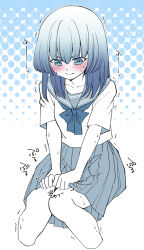 Rule 34 | 1girl, blue background, blue theme, blush, bow, bowtie, clenched hands, closed mouth, cropped legs, embarrassed, female focus, gradient background, halftone, halftone background, have to pee, heavy breathing, highres, invisible chair, knees together feet apart, laaapie, long hair, miniskirt, monochrome, nervous, original, outline, own hands together, pleated skirt, sailor collar, school uniform, serafuku, shirt, short sleeves, sidelocks, sitting, skirt, skirt grab, solo, sweat, v-shaped eyebrows, v arms, white outline
