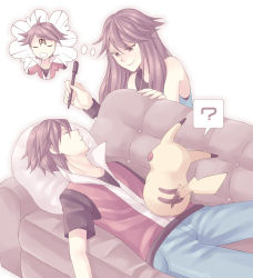 Rule 34 | 1boy, 1girl, ?, blue shirt, brown hair, brown shirt, closed eyes, commentary request, couch, creatures (company), cushion, game freak, holding, holding pen, jacket, leaf (pokemon), long hair, lying, nintendo, on back, pants, pen, pokemon, pokemon frlg, red (pokemon), red jacket, scbstella, shirt, short hair, short sleeves, sleeping, sleeveless, sleeveless jacket, sleeveless shirt, spoken question mark, t-shirt, thought bubble, wristband