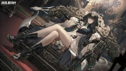 Rule 34 | artist request, bird, black hair, carpet, china dress, chinese clothes, crane (animal), crossed legs, dragon, dress, frown, headgear, highres, leaning back, leaning to the side, long hair, looking at viewer, mechanical arms, official art, punishing: gray raven, qu (punishing: gray raven), sitting, statue, sword, weapon