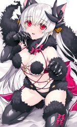 Rule 34 | 1girl, animal ears, bare shoulders, black gloves, black horns, black panties, black thighhighs, blush, bow, breasts, cleavage, cosplay, dragon girl, dragon horns, elbow gloves, fate/grand order, fate (series), fur-trimmed gloves, fur-trimmed legwear, fur collar, fur trim, gloves, hair ornament, highres, horns, kiyohime (fate), kneeling, lace, lace-trimmed legwear, lace trim, long hair, looking at viewer, mash kyrielight, mash kyrielight (dangerous beast), mash kyrielight (dangerous beast) (cosplay), medium breasts, morizono shiki, multiple horns, navel, o-ring, open mouth, panties, red bow, red eyes, revealing clothes, smile, solo, tail, thighhighs, thighs, underwear, white hair, wolf ears, wolf tail