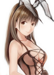 Rule 34 | 1girl, anegasaki nene, animal ears, breasts, brown eyes, brown hair, cleavage, closed mouth, collarbone, commentary request, fake animal ears, long hair, looking at viewer, love plus, medium breasts, mole, mole under eye, nannacy7, rabbit ears, simple background, smile, solo, upper body, white background