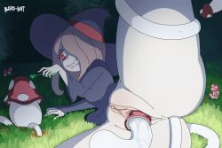 Rule 34 | 1girl, anal, animated, animated gif, bottomless, grass, grin, hair over one eye, halloween, hat, leg lift, little witch academia, long hair, monster, mushroom, object insertion, pink hair, pussy, pussy juice, red eyes, sex, sharp teeth, signature, smile, solo, spicy bardo, sucy manbavaran, teeth, thick thighs, thighs, uncensored, vaginal, vaginal object insertion, vial, witch hat