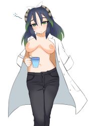 Rule 34 | 1girl, :/, arm behind back, black hair, black pants, breasts, breasts apart, closed mouth, coat, coat on shoulders, commentary request, cup, empty eyes, feet out of frame, green eyes, green hair, hair between eyes, hair ornament, half-closed eyes, highres, holding, holding cup, illu (illu stratos), kako (kemono friends), kemono friends, lab coat, large breasts, long hair, multicolored hair, navel, nipples, no bra, open clothes, open coat, pants, simple background, sleepy, solo, stomach, two-tone hair, walking, white background, white coat
