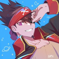 Rule 34 | 1boy, black jacket, blue background, brown shirt, collarbone, danganronpa (series), danganronpa v3: killing harmony, eyepatch, facial hair, goatee, grin, hand up, headband, jacket, looking at viewer, momota kaito, nagi to (kennkenn), official alternate costume, open clothes, open jacket, pirate, purple eyes, red headband, red jacket, shirt, smile, solo, spiked hair, teeth, upper body