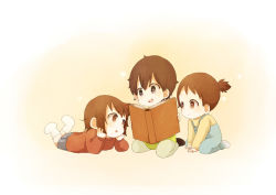Rule 34 | 3girls, :d, aged down, arm support, between legs, book, brown eyes, child, closed mouth, full body, hair ornament, hand between legs, hands on own cheeks, hands on own face, head rest, head tilt, hirasawa ui, hirasawa yui, holding, holding book, k-on!, komugiko, long sleeves, lying, manabe nodoka, multiple girls, no shoes, on stomach, one side up, open book, open mouth, overalls, pants, ponytail, reading, red shirt, shirt, short hair, shorts, siblings, simple background, sisters, smile, socks, sweater, white legwear, yellow background, yellow shirt
