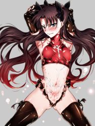 Rule 34 | 1girl, absurdres, armpits, arms up, black hair, black thighhighs, blue eyes, cowboy shot, elbow gloves, fate/stay night, fate (series), fingerless gloves, gloves, grey background, hair ribbon, highres, long hair, looking at viewer, midriff, navel, niko (tama), pubic tattoo, ribbon, simple background, skirt, solo, stomach, sweat, tattoo, thighhighs, tohsaka rin, two side up