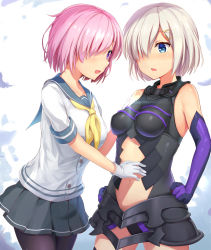 Rule 34 | 2girls, arms up, bare shoulders, black gloves, black leotard, black skirt, blue eyes, blush, breasts, clothing cutout, cosplay, costume switch, elbow gloves, fate/grand order, fate (series), gloves, hair ornament, hair over one eye, hairclip, hamakaze (kancolle), hamakaze (kancolle) (cosplay), hand on another&#039;s shoulder, hand on another&#039;s stomach, highres, kantai collection, leotard, look-alike, maeshimashi, mash kyrielight, medium breasts, multiple girls, navel cutout, neckerchief, open mouth, pantyhose, pink hair, pleated skirt, purple eyes, purple gloves, school uniform, serafuku, shielder (fate/grand order) (cosplay), shirt, short hair, short sleeves, silver hair, skirt, smile, white background, white gloves, white shirt, yellow neckerchief