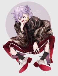 Rule 34 | 1boy, androgynous, blood, blood on face, blue eyes, con potata, ear piercing, epel felmier, full body, half updo, highres, nail polish, pale skin, piercing, purple hair, short ponytail, solo, twisted wonderland