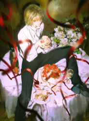 Rule 34 | 1boy, birthday cake, black footwear, black pants, blonde hair, bottle, bouquet, cake, dark, expressionless, flower, food, from above, glass, highres, holding, holding cake, holding food, huangdanlan, hunter x hunter, kurapika, looking at viewer, male focus, pants, plate, red eyes, red ribbon, ribbon, shirt, sitting, sitting on table, solo, spread legs, table, white shirt, wine bottle