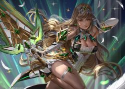 Rule 34 | 1girl, aegis sword (xenoblade), bare legs, bare shoulders, blonde hair, breasts, chest jewel, cleavage cutout, clothing cutout, dress, earrings, gem, headpiece, highres, jewelry, large breasts, long hair, mythra (xenoblade), nintendo, short dress, solo, super smash bros., swept bangs, thigh strap, tiara, very long hair, whails, white dress, white footwear, xenoblade chronicles (series), xenoblade chronicles 2, yellow eyes