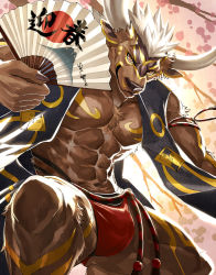 Rule 34 | 1boy, abs, animal ears, arm behind head, bara, bare pectorals, blue eyes, brown eyes, brown fur, bulge, chest tattoo, chinese zodiac, cow ears, cow horns, feet out of frame, flag print, fluffy, fundoshi, furry, furry male, hachimaki, hand fan, happi, happy new year, headband, highres, horns, japanese clothes, large pectorals, leg tattoo, looking at viewer, male focus, male underwear, minotaur, mount fuji, muscular, muscular male, navel, navel hair, new year, original, paper fan, pectorals, red male underwear, short hair, sky (sora no gomibako), sleeveless, smile, solo, stomach, tattoo, thick thighs, thighs, upper body, white hair, year of the ox