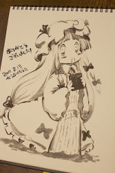 Rule 34 | 10s, 1girl, 2011, blunt bangs, blush, book, bow, crescent, crescent hair ornament, dated, dress, hair ornament, hair ribbon, hat, holding, holding book, karaagetarou, long hair, looking at viewer, mob cap, monochrome, open mouth, patchouli knowledge, photo (medium), ribbon, signature, sketch, solo, standing, striped, touhou, traditional media, tress ribbon, vertical stripes, very long hair