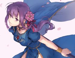 Rule 34 | 1girl, bracelet, breasts, earrings, fate/grand order, fate (series), flower, hair flower, hair ornament, hair ribbon, highres, holding, holding spear, holding weapon, indian clothes, jewelry, kouzuki kei, large breasts, long hair, looking at viewer, lotus, matou sakura, necklace, parted lips, parvati (fate), petals, polearm, purple eyes, purple hair, red ribbon, ribbon, short sleeves, simple background, solo, spear, weapon