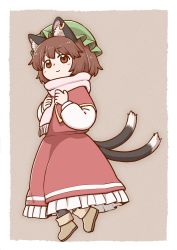 Rule 34 | 1girl, animal ear fluff, animal ears, black legwear, blush, boots, border, brown background, brown eyes, brown footwear, brown hair, cat ears, cat tail, chen, commentary request, dress, earrings, full body, green hat, hat, jewelry, long sleeves, looking at viewer, mob cap, multiple tails, nekomata, petticoat, pink scarf, poronegi, puffy sleeves, red dress, scarf, shirt, short hair, simple background, smile, solo, tail, touhou, two tails, white border, white shirt