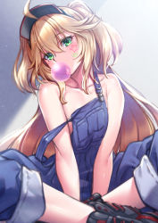 Rule 34 | 1girl, admiral hipper (azur lane), ahoge, azur lane, bare shoulders, blonde hair, blush, blowing bubbles, chewing gum, collarbone, flat chest, green eyes, hair between eyes, hat, highres, ken ill, long hair, looking at viewer, mole, mole under eye, naked overalls, overalls, pants, pants rolled up, shoes, sidelocks, sitting, sneakers, solo, sticker on face, strap slip, two side up, visor cap